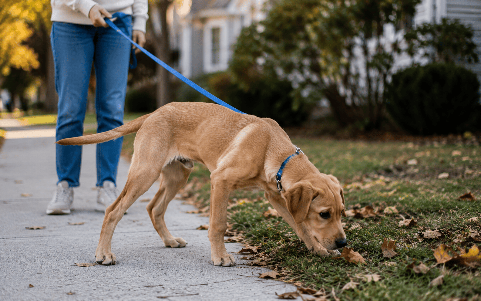 A person walks a tan dog on a leash as the dog sniffs grass next to a sidewalk in a quiet neighborhood.