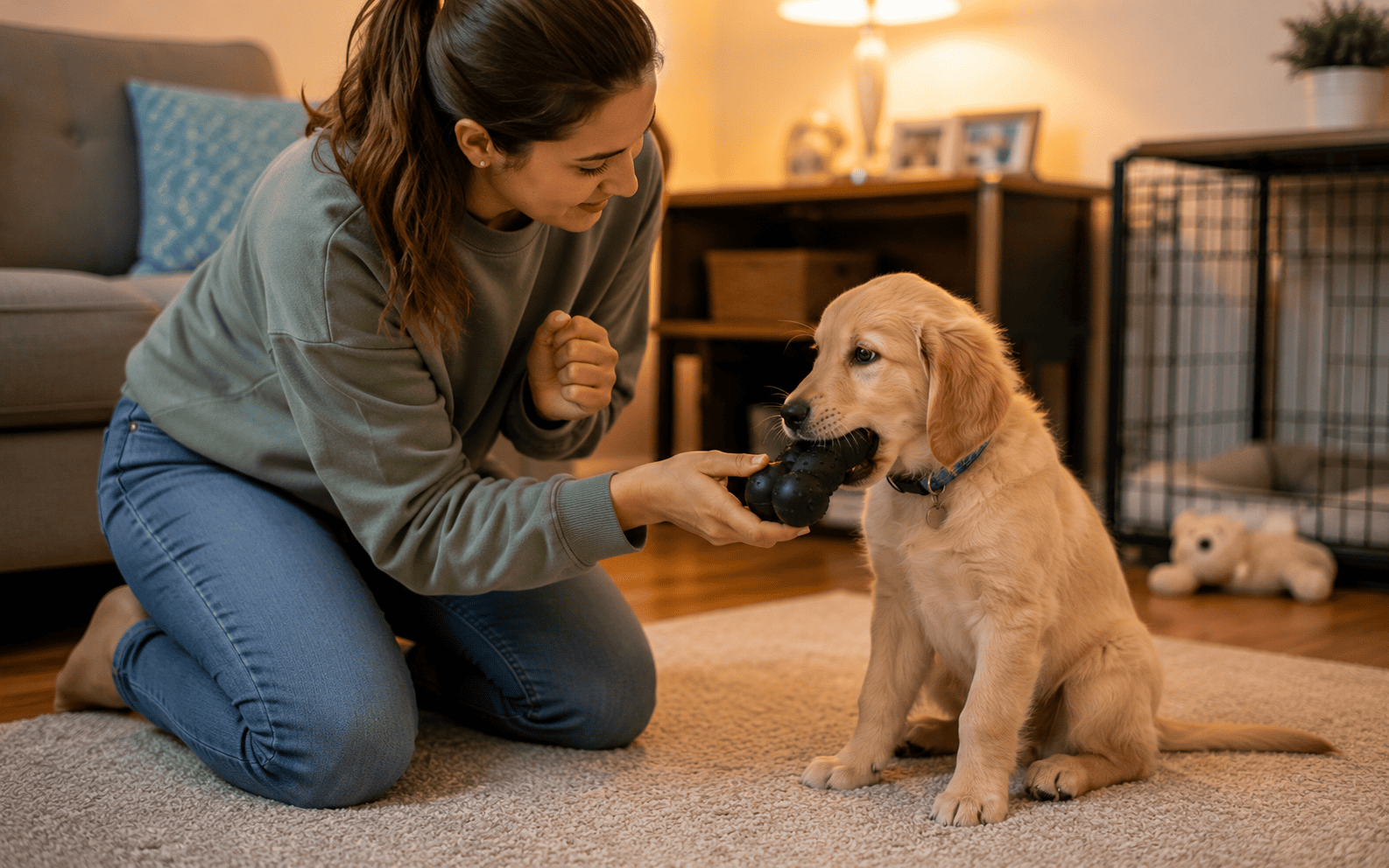 Dog Bite Inhibition Training: What It Is, Why It Matters, and How to Do It Right 2 A woman kneels on a rug in a cozy living room, holding a toy for her playful golden retriever puppy.