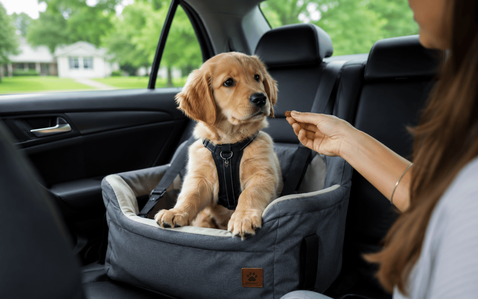 Golden retriever puppy in a car seat wears a harness while a person offers it a treat.