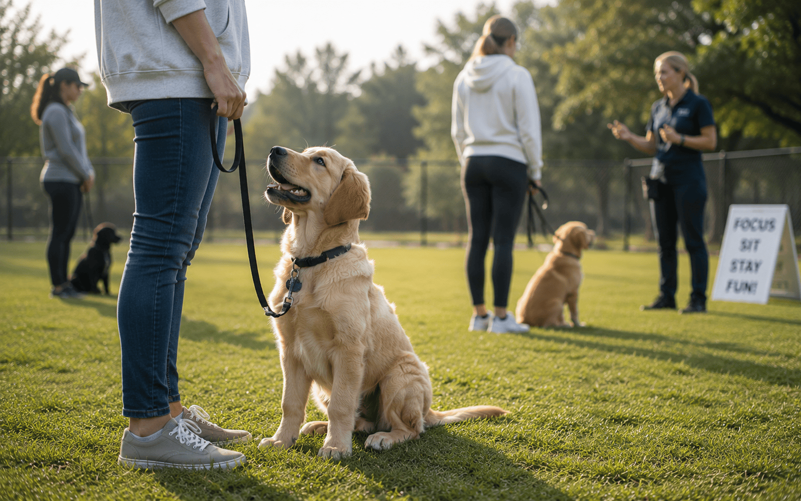 What Are Group Dog Training Classes and When Should You Enroll 5 Golden retriever sits on the grass at an outdoor dog training class with people and other dogs nearby.