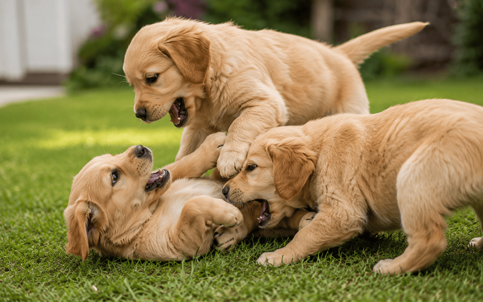 Dog Bite Inhibition Training: What It Is, Why It Matters, and How to Do It Right 1 Three golden retriever puppies wrestle playfully together on lush green grass outdoors in the sunlight.