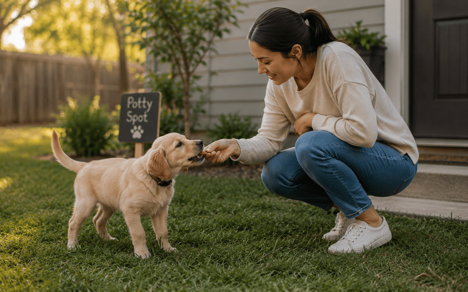 A woman feeds a small puppy outdoors near a "Potty Spot" lawn sign by a house, promoting pet care.