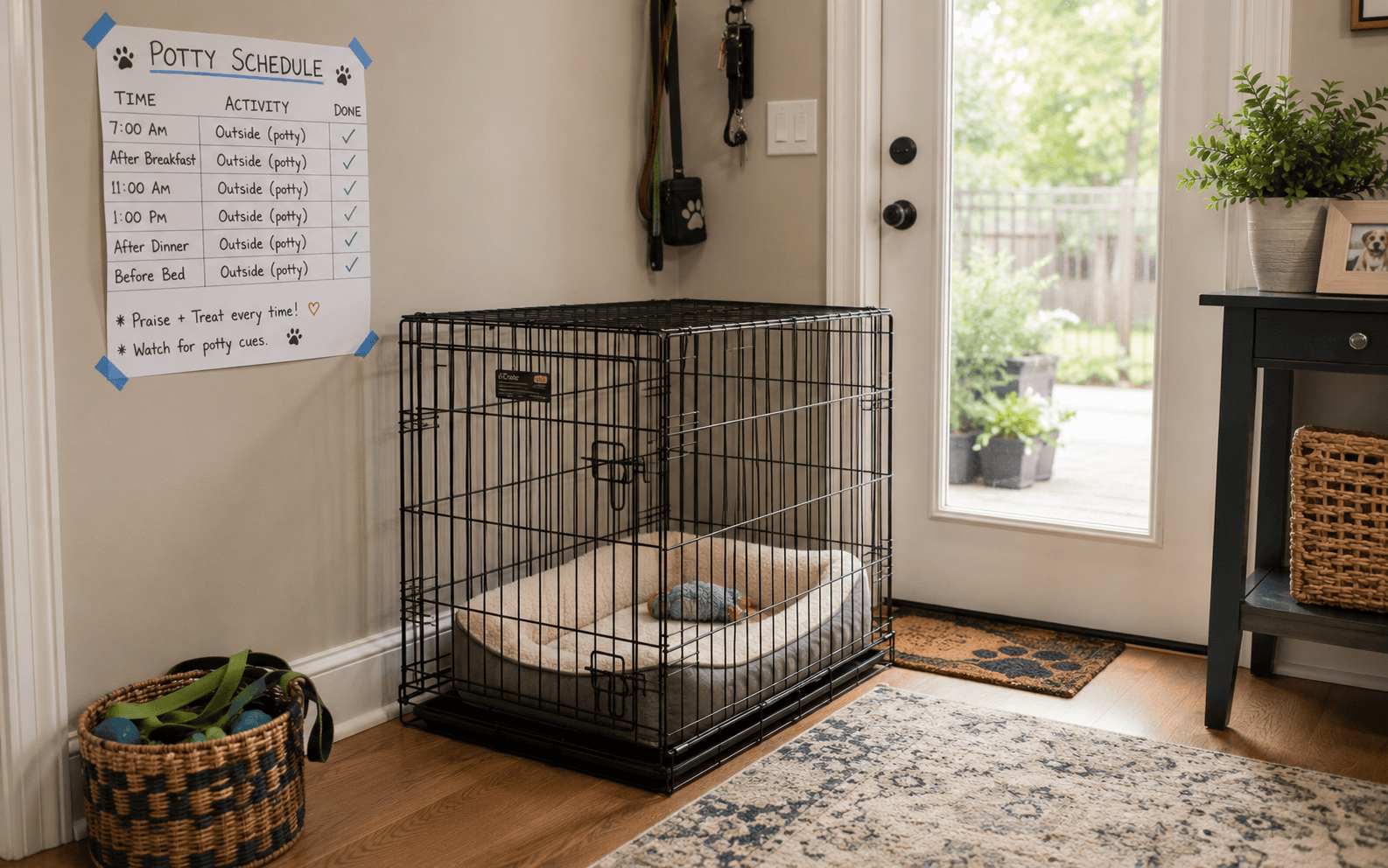 A tidy room features a dog crate with a bed and toy, next to a potty schedule taped on the wall.