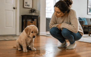 A woman kneels beside a sad puppy near a puddle on a hardwood floor in a cozy home interior.