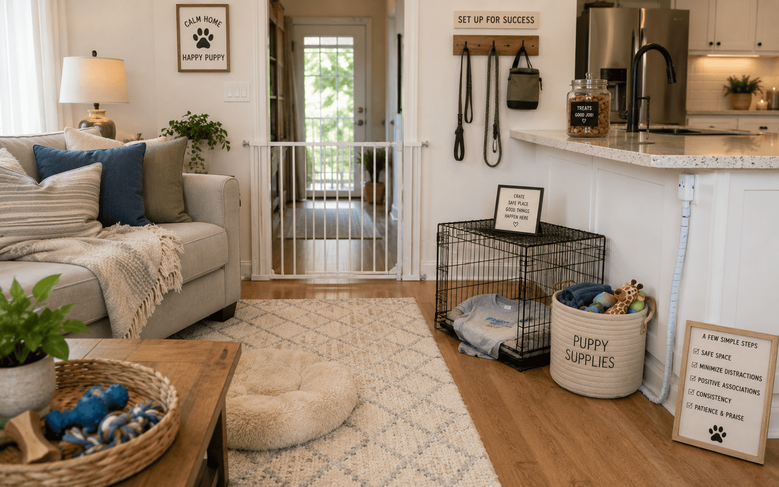 Dog Training Before Bringing Home a Puppy: What Smart Owners Do First 5 A cozy, pet-friendly living room features dog supplies, a crate, and a baby gate for safety.