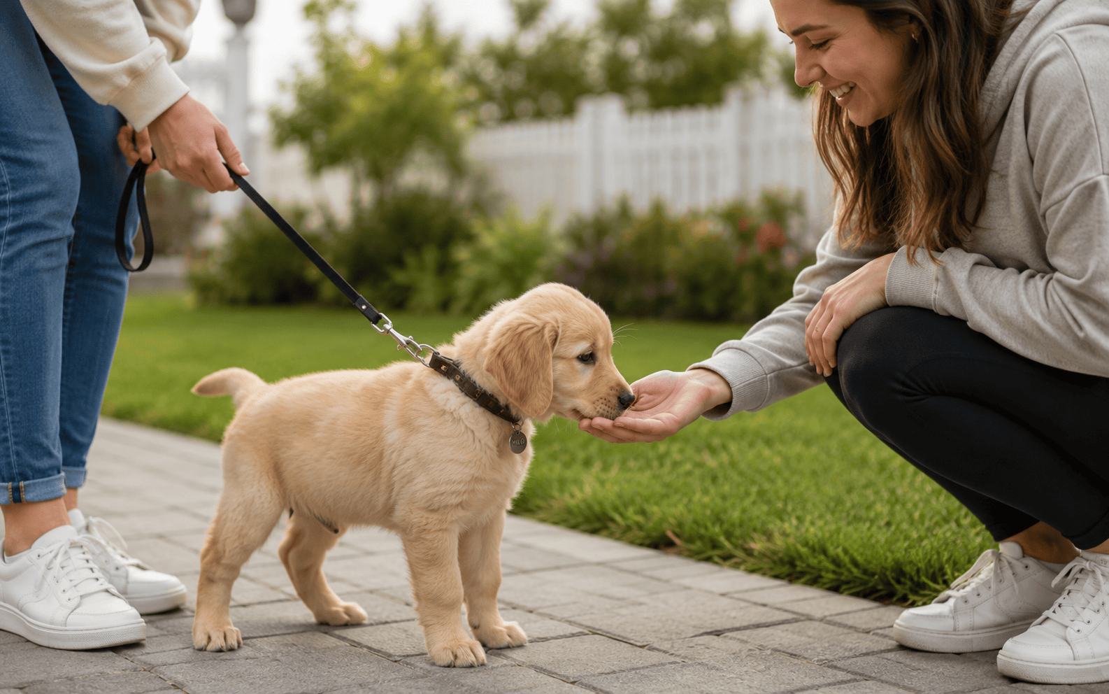 Dog Training Before Bringing Home a Puppy: What Smart Owners Do First 3 A woman crouches on a sidewalk to pet a golden retriever puppy, held by another person on a leash.