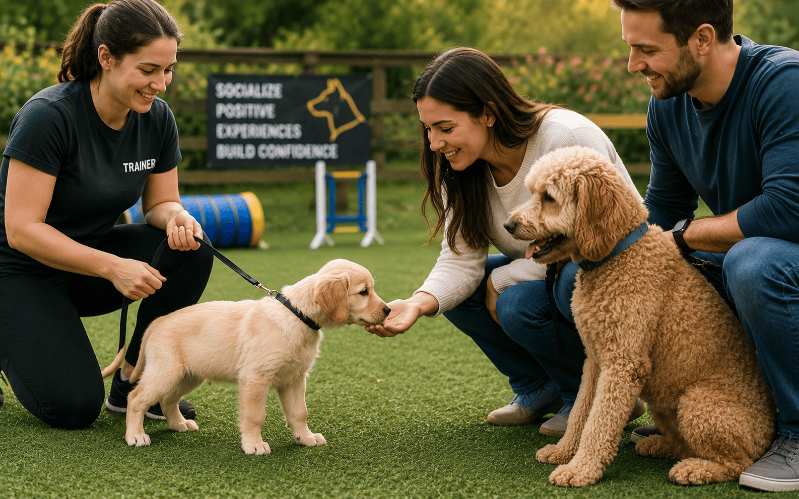 Training Puppies vs. Adult Dogs: What Actually Changes and Why It Matters 1 Two people meet puppies held by a trainer near agility equipment and a sign on a grassy training area.