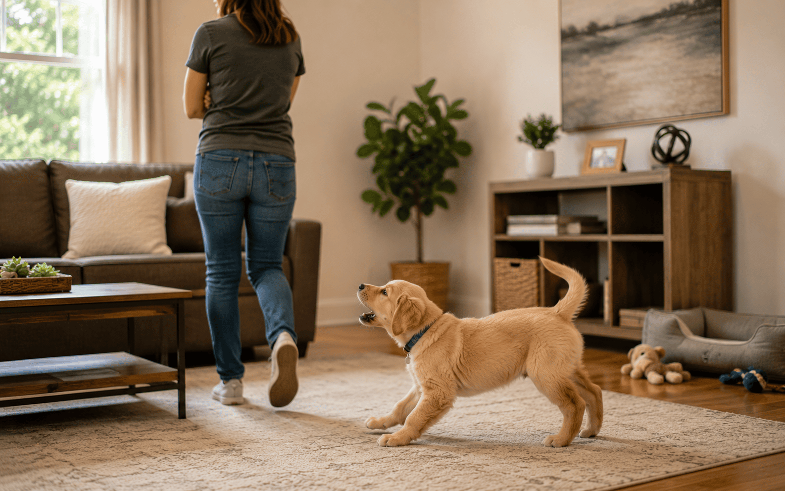 Dog Bite Inhibition Training: What It Is, Why It Matters, and How to Do It Right 3 A playful puppy barks at a woman walking away in a cozy, sunlit living room with soft natural light.