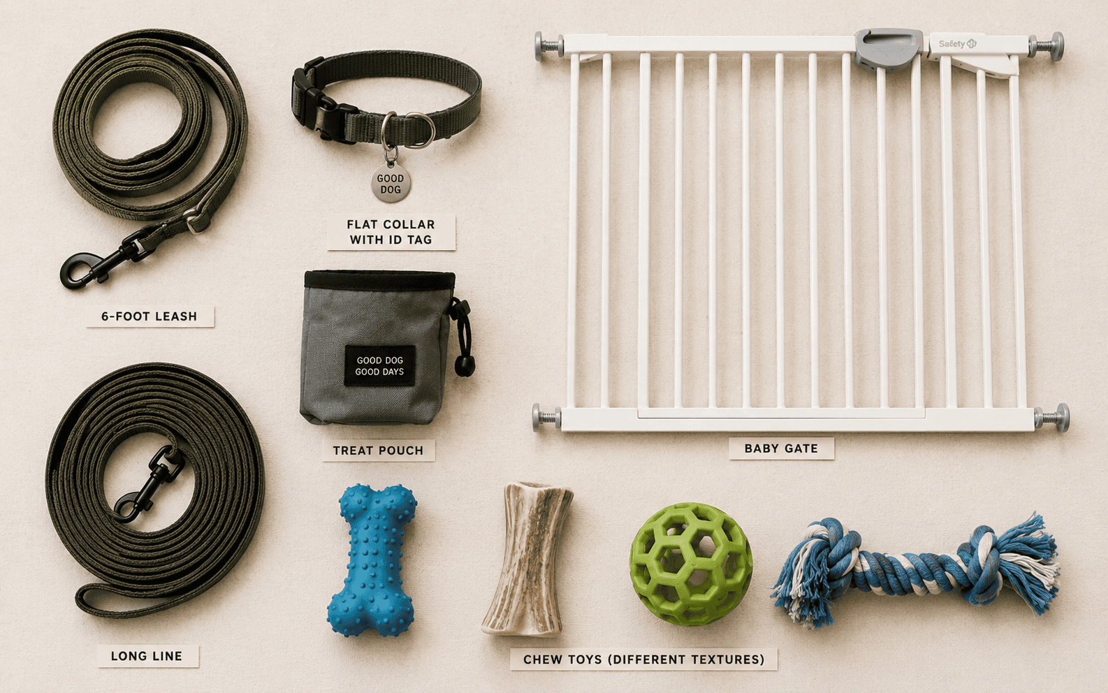 Dog Training Before Bringing Home a Puppy: What Smart Owners Do First 2 Dog training setup with leash, collar, treat pouch, baby gate, long line, and chew toys on tan background.