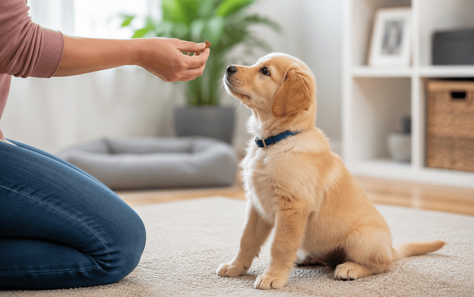A person offers a dog treat to a golden retriever puppy sitting inside a cozy, bright room.