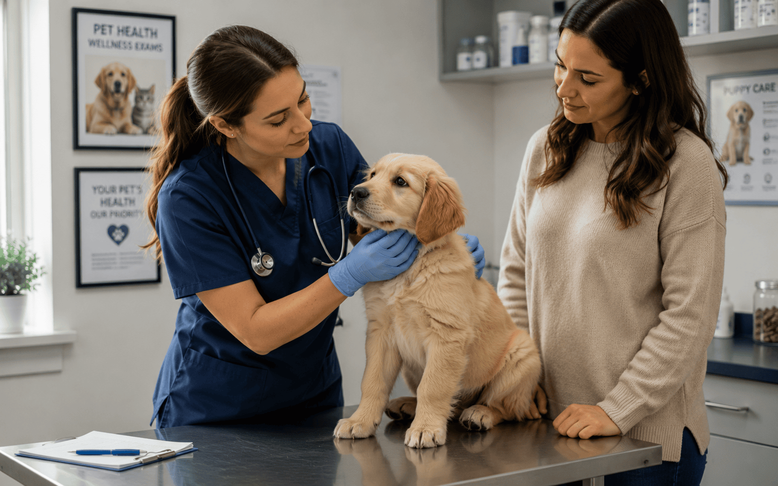 A veterinarian checks a golden retriever puppy on an exam table as the owner watches during a vet visit.