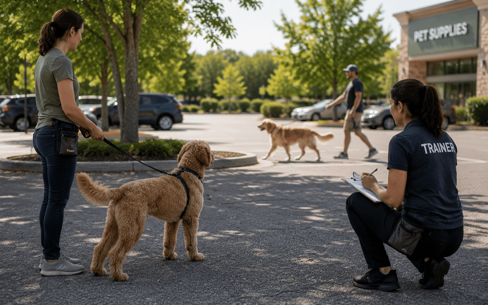In Home vs Group Dog Training: Which Format Actually Works for Your Dog? 3 A dog trainer supervises a woman training her leashed dog as another pet and owner walk by in a parking lot.