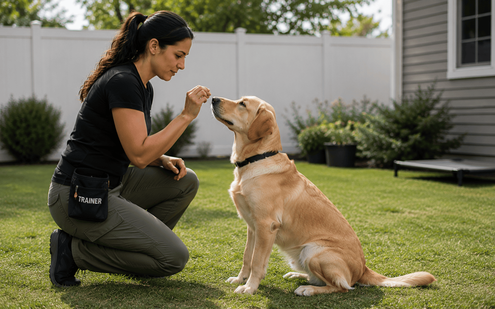 What Are Group Dog Training Classes and When Should You Enroll 3 Woman kneels in yard with a treat, training her golden retriever dog as it sits attentively.