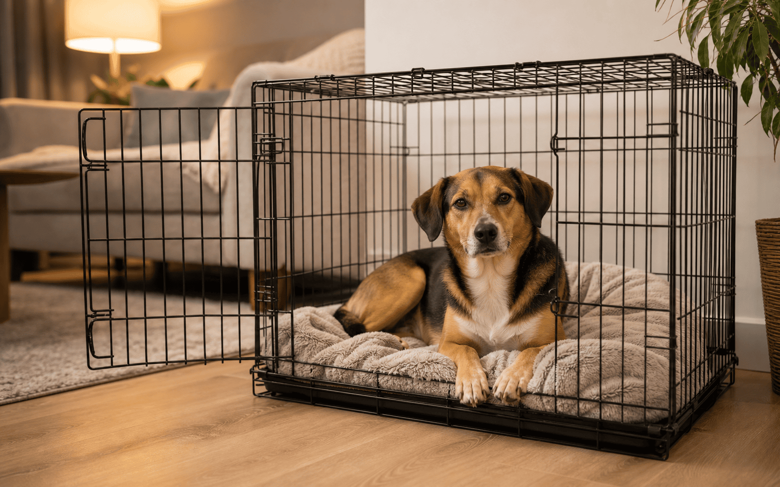 Dog Training for Rescue Dogs: What Actually Works and Why It's Different 1 A dog lies on a blanket inside an open crate in a cozy living room with soft lighting, appearing relaxed.
