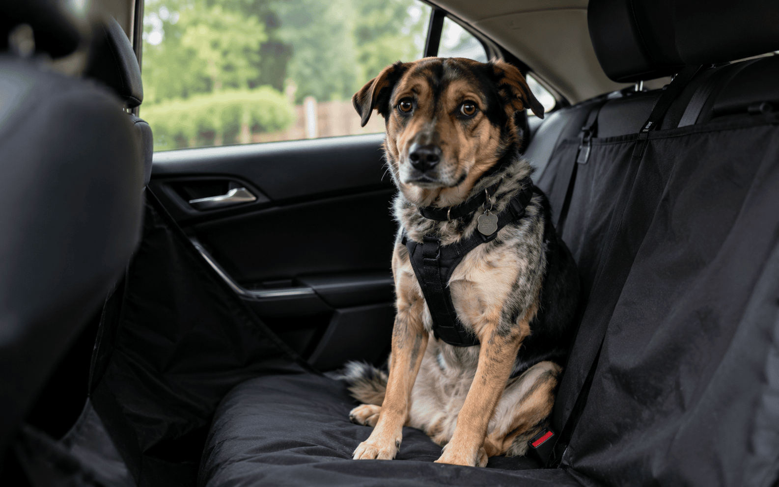 A brown and black dog wearing a harness sits on a car's backseat cover during a safe ride.