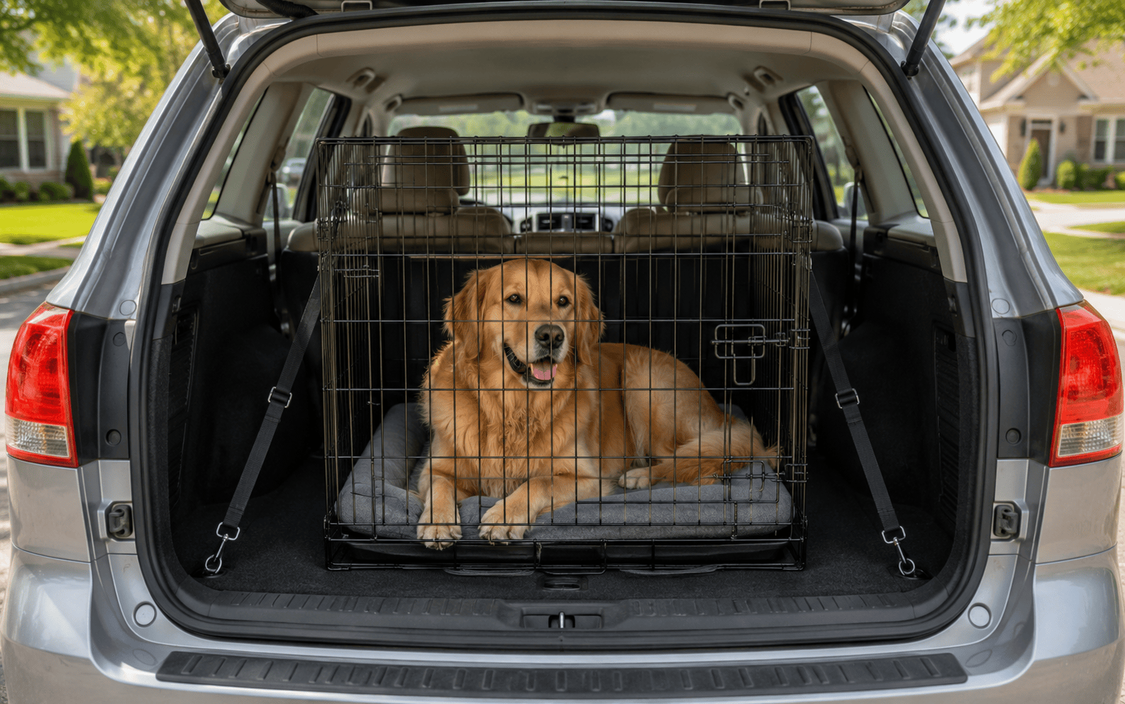 A golden retriever rests in a crate in the back of an SUV with the hatch open on a sunny day.
