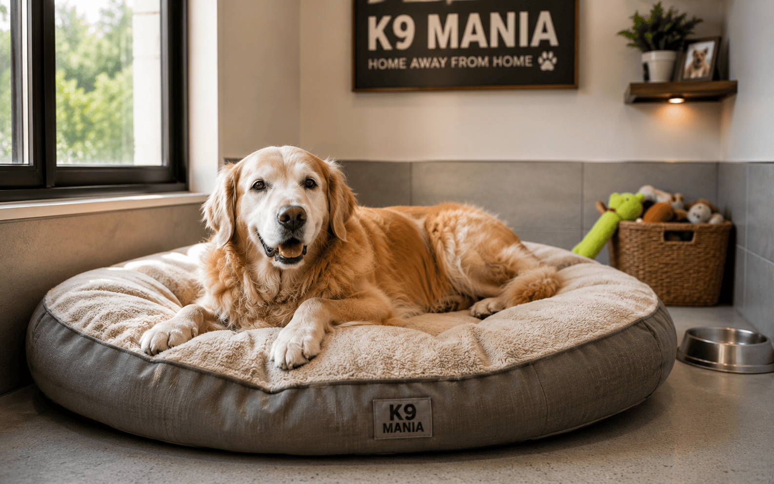 Kennel vs Dog Boarding: Which Option Is Right for Your Dog? 4 Golden retriever resting on a plush dog bed in a sunlit room with toys and a "K9 MANIA" sign visible.