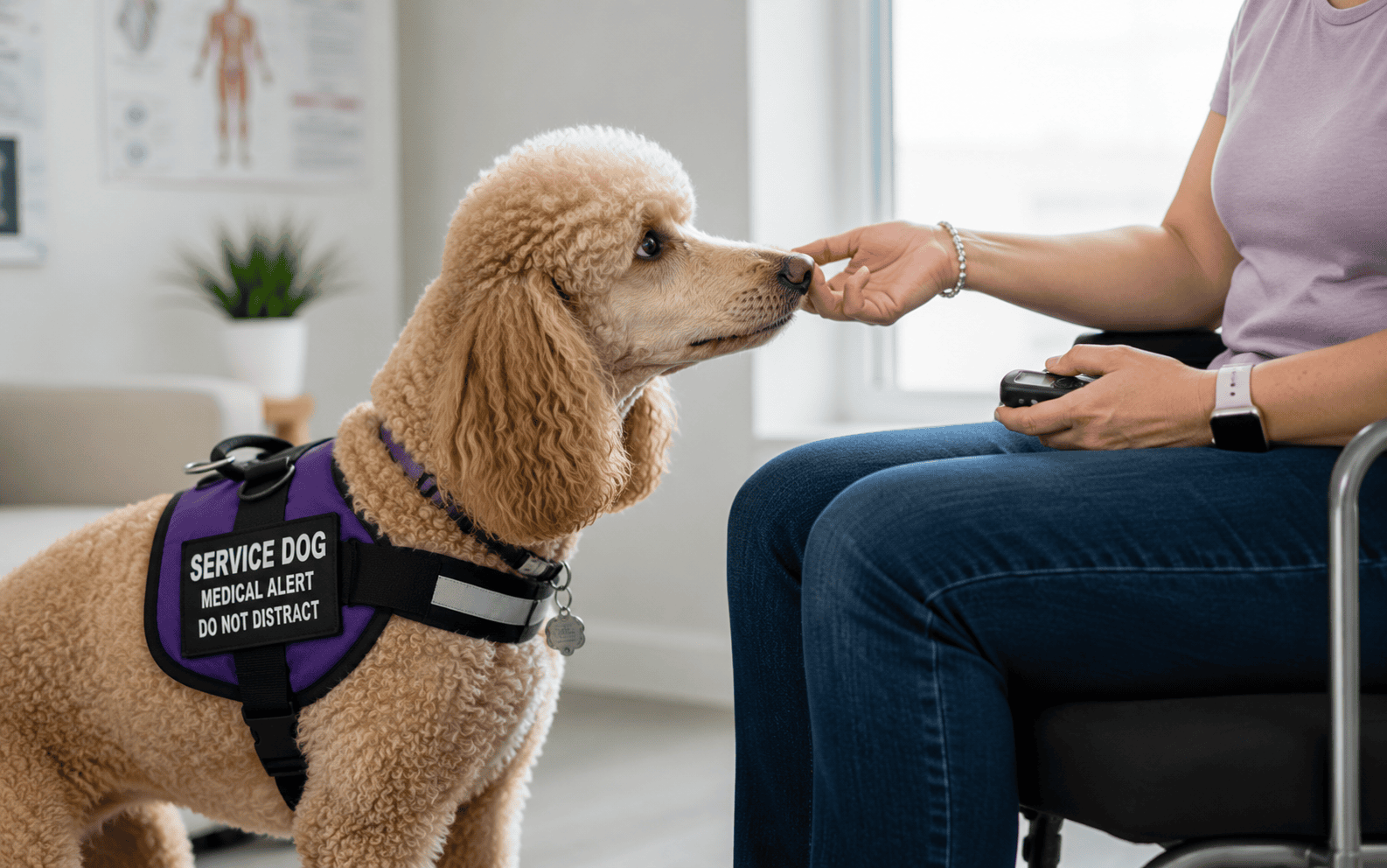 A service dog in a vest sniffs a patient’s hand, offering support in a clinical medical environment.