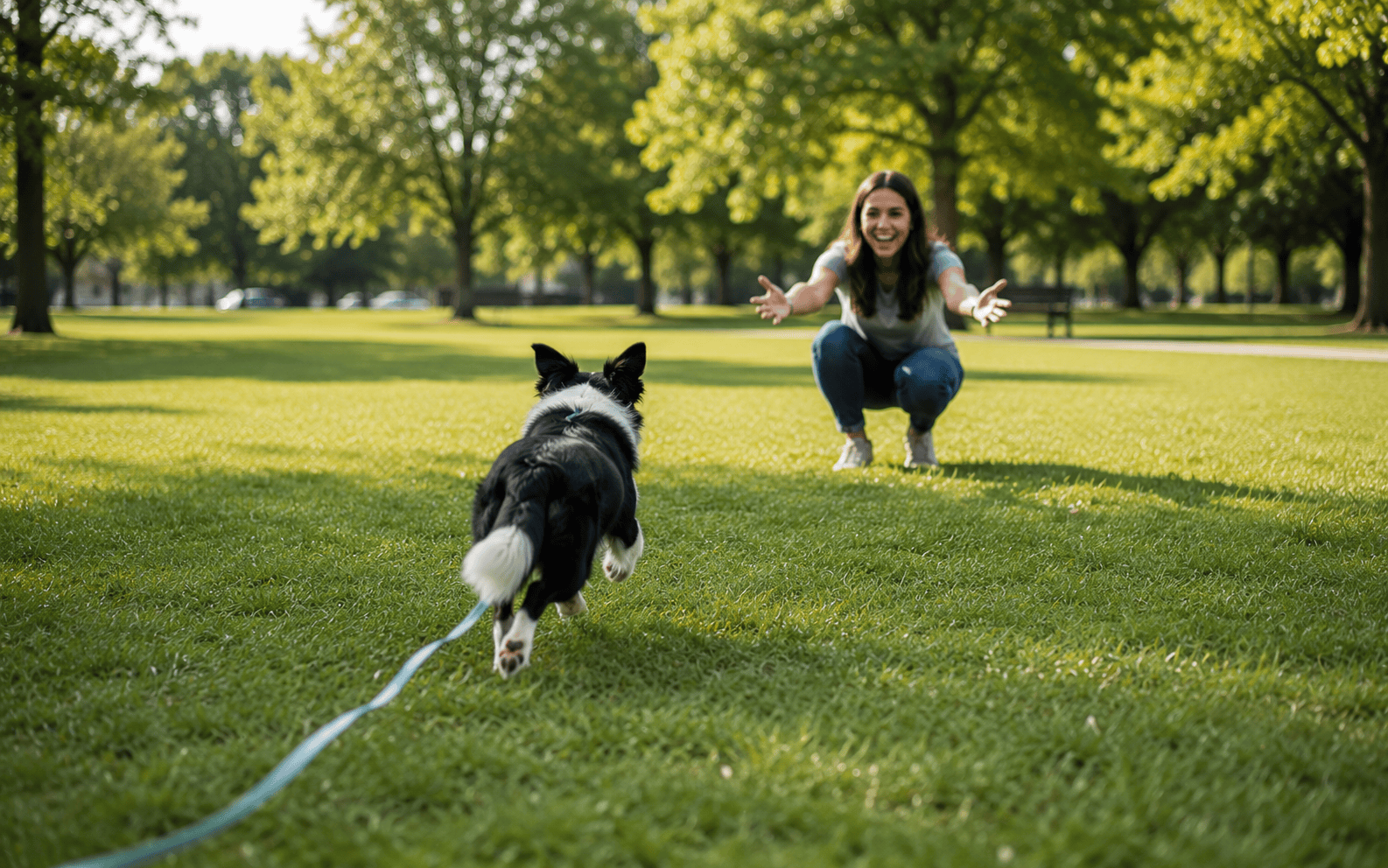 Dog owner teaching recall command with dog running toward her in an open park