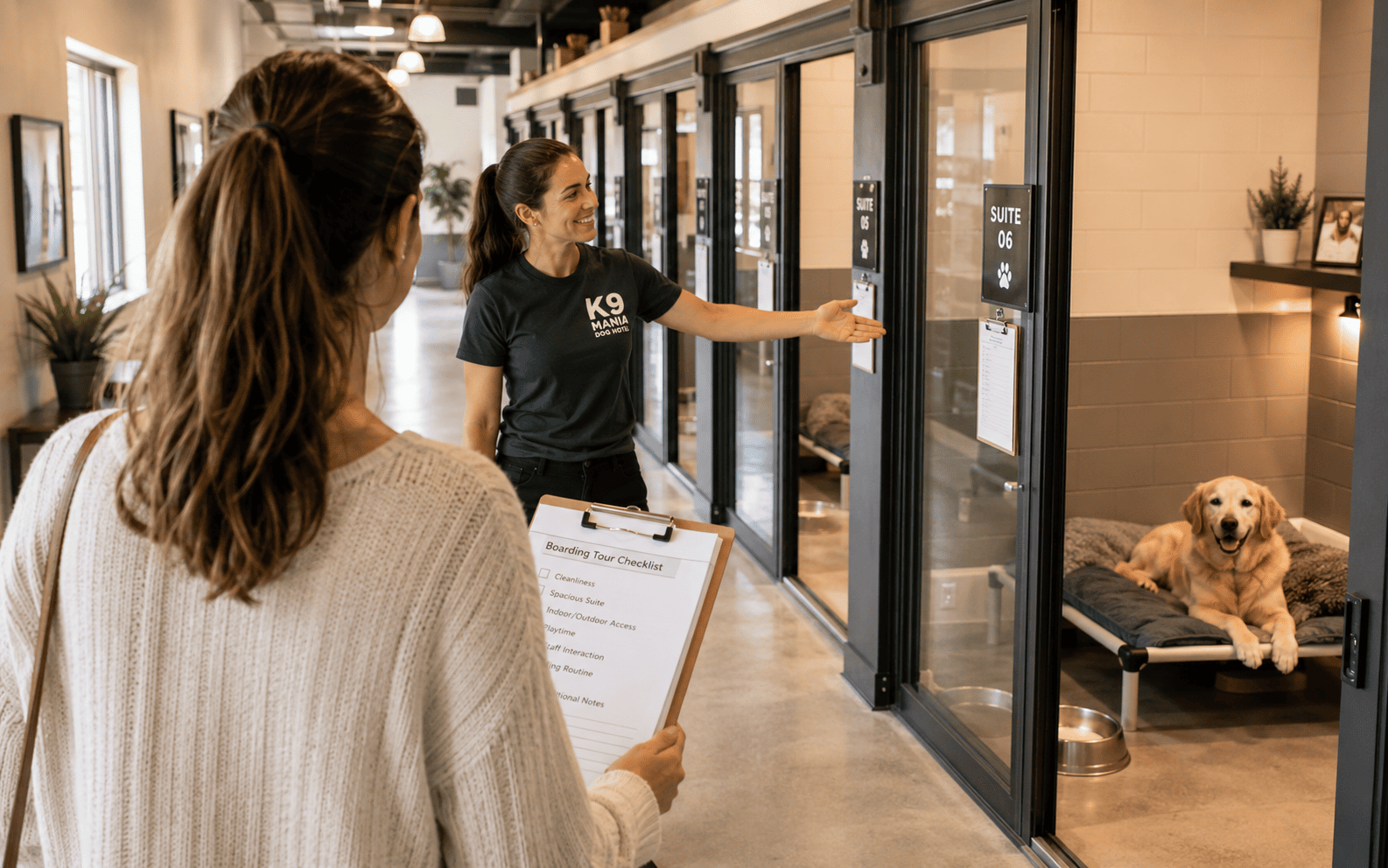 Dog Boarding vs. Pet Sitting: Which Option Is Right for Your Dog? 5 A woman with a checklist speaks to staff at a dog boarding facility near a kennel with a yellow lab.
