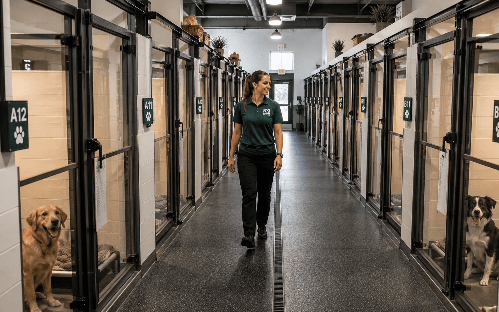 Kennel vs Dog Boarding: Which Option Is Right for Your Dog? 1 A woman walks in an animal shelter hallway lined with glass kennels, each housing a dog for adoption.