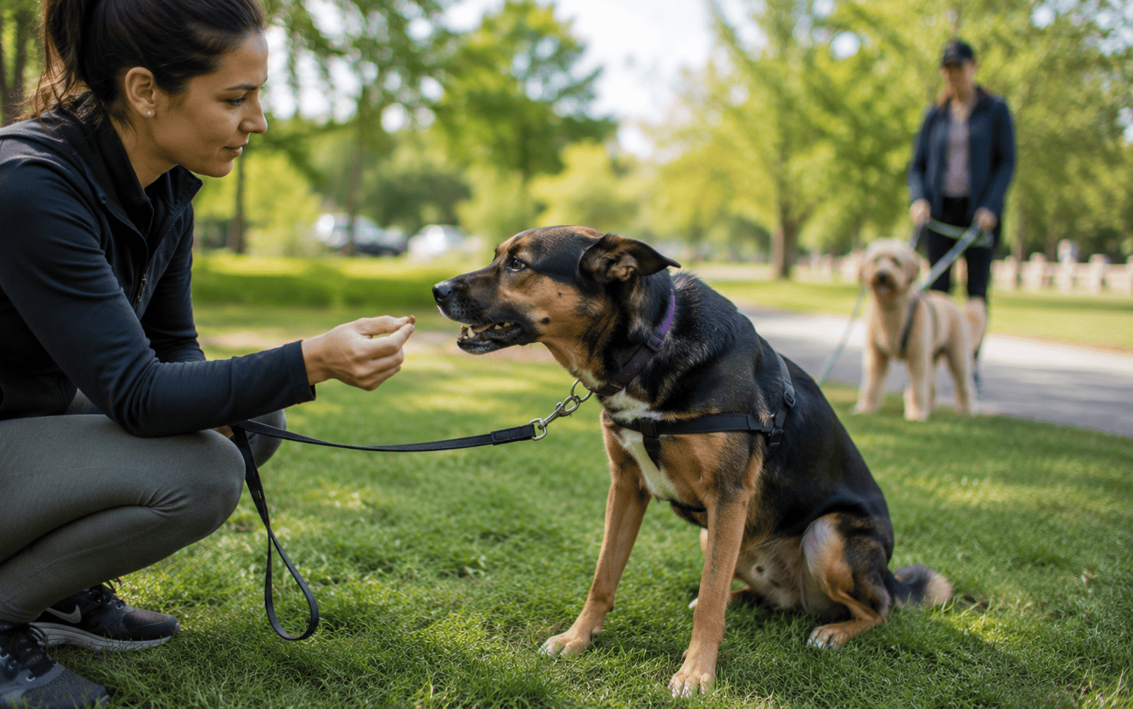 Woman kneels on grass, offering treat to sitting dog; another person walks two dogs in the background.