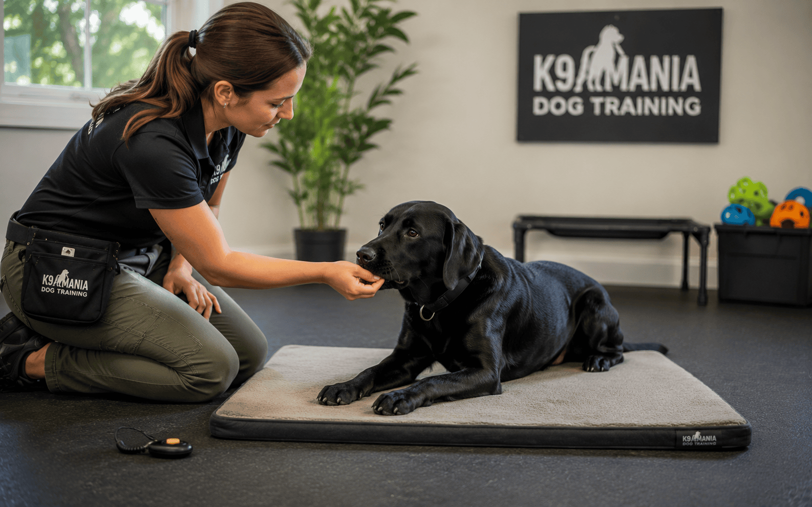 Teaching a Dog to Settle on a Mat: Steps, Tips, and Common Mistakes 3 trainer rewarding dog in down position on training mat