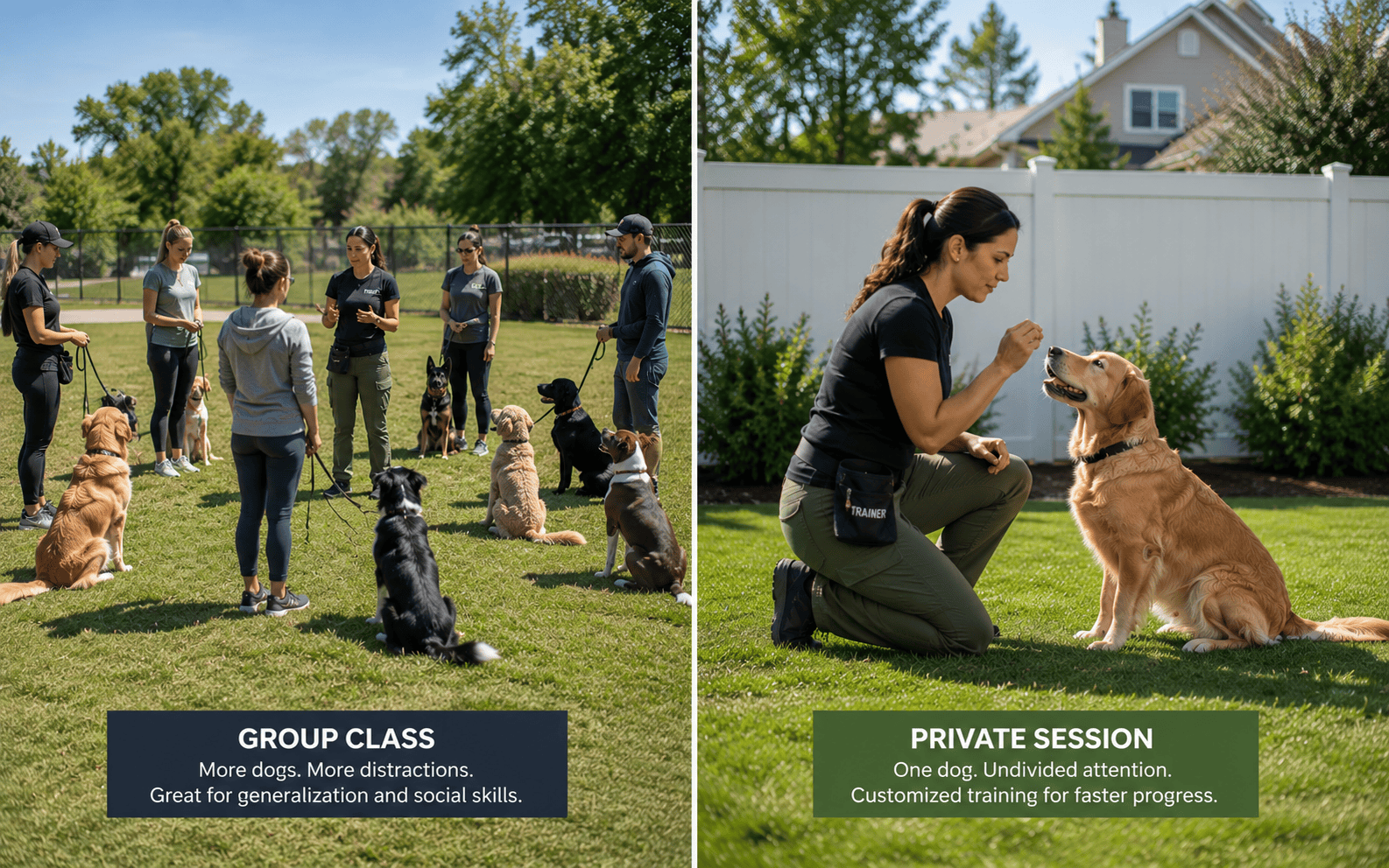 What Are Group Dog Training Classes and When Should You Enroll 4 Group dog training class outdoors with several dogs and owners, plus a private session in a grassy yard.