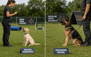 Two dogs sit with trainers in a field, near signs reading "Building Foundations" and "Maintaining Control.