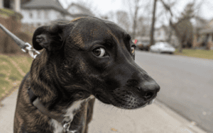 A brindle dog on a leash stands on a suburban sidewalk, looking nervously at the camera.