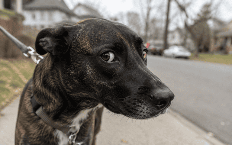 A brindle dog on a leash stands on a suburban sidewalk, looking nervously at the camera.
