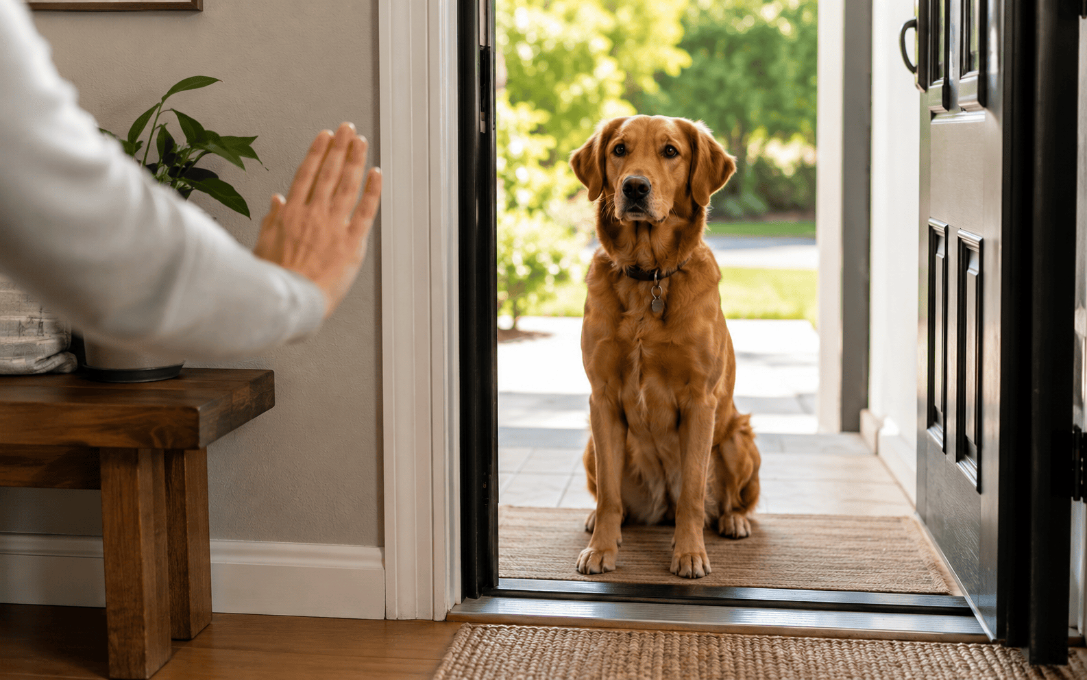Impulse Control Training for Dogs: Techniques, Timelines, and What Actually Works 2 A person trains a golden retriever to stay at an open doorway, holding up a hand as a signal.