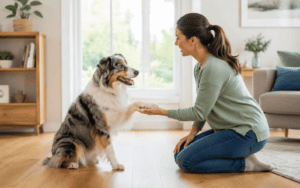 Woman kneeling indoors, smiling as she shakes hands with an Australian Shepherd in a bright living room.