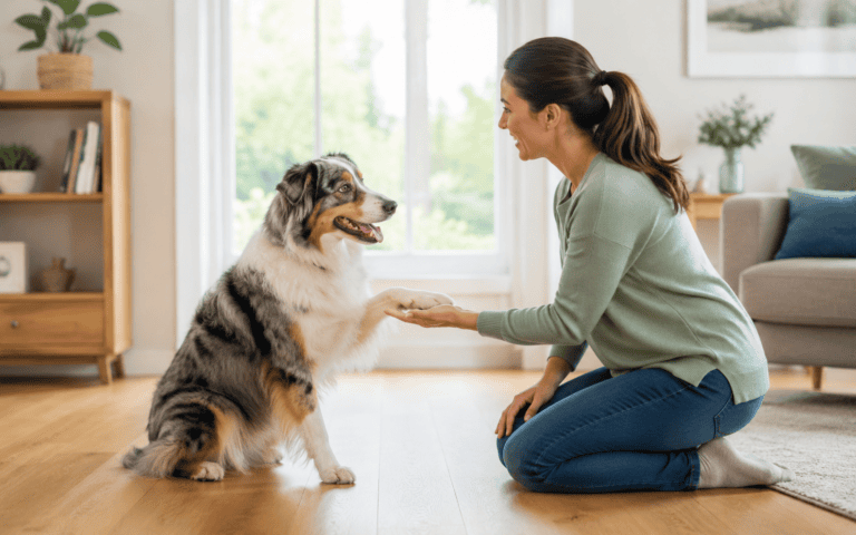Woman kneeling indoors, smiling as she shakes hands with an Australian Shepherd in a bright living room.