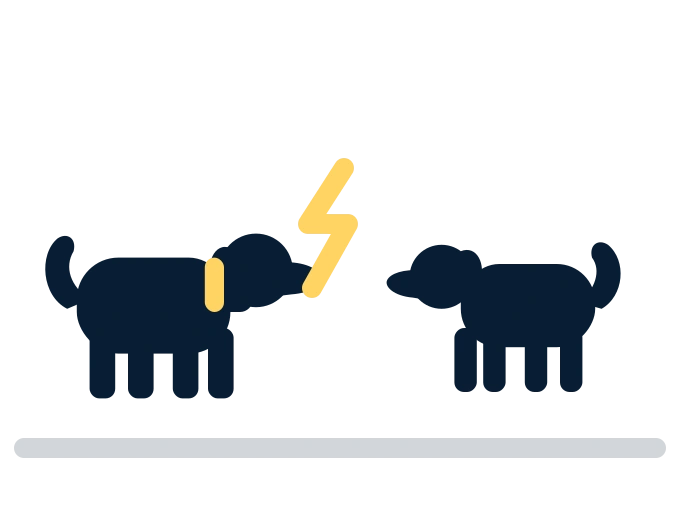 Board and Train Long Island 3 Two stylized dogs face each other with a yellow lightning bolt between them on a light background image.