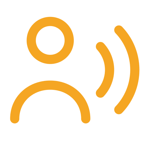 Simple orange icon of a person with curved lines indicating sound or communication on a light background.