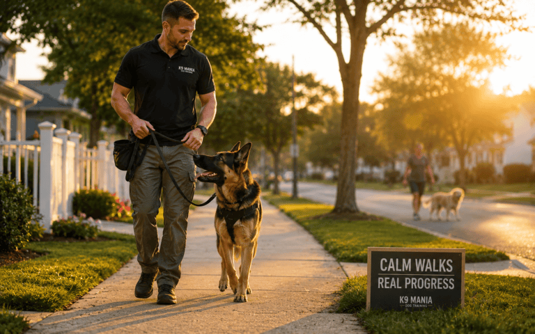 A man walks his German Shepherd along a sunset sidewalk near a sign reading “Calm Walks Real Progress.”