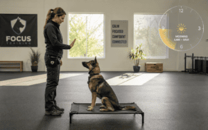 A woman teaches her German Shepherd to sit on a mat in a bright room; a clock shows 6AM-9AM.