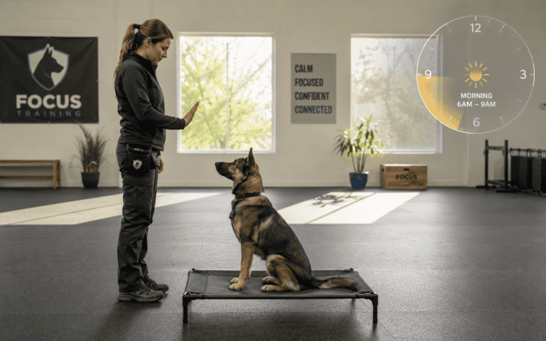 A woman teaches her German Shepherd to sit on a mat in a bright room; a clock shows 6AM-9AM.