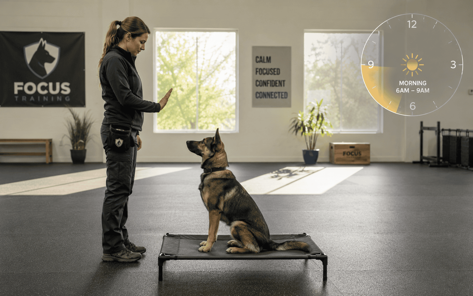 A woman teaches her German Shepherd to sit on a mat in a bright room; a clock shows 6AM-9AM.