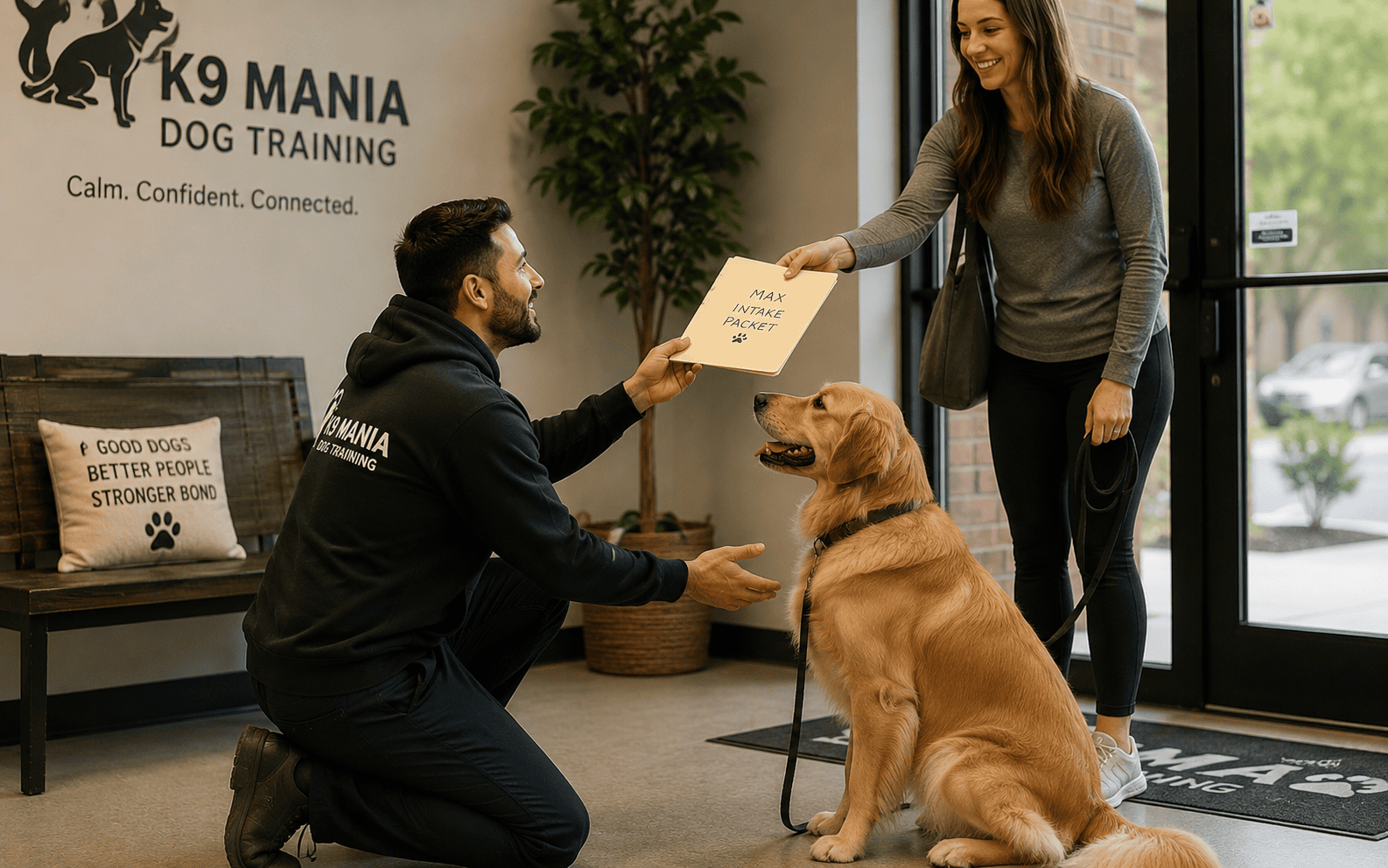 A trainer gives paperwork to a woman and her golden retriever at a dog training center session.