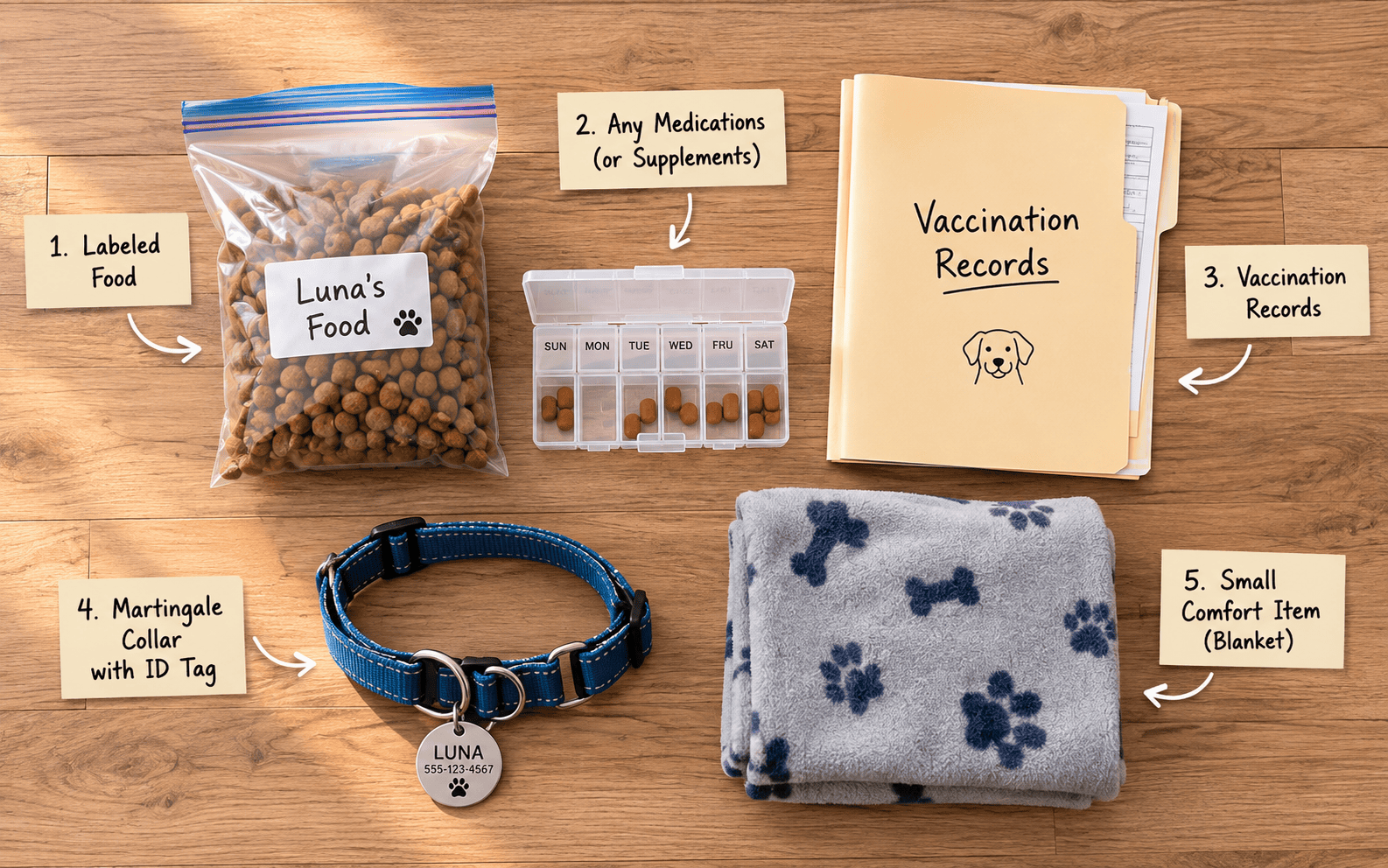 Dog care items including dog food, a pill box of medications, vaccination records, and ID collar on blanket.