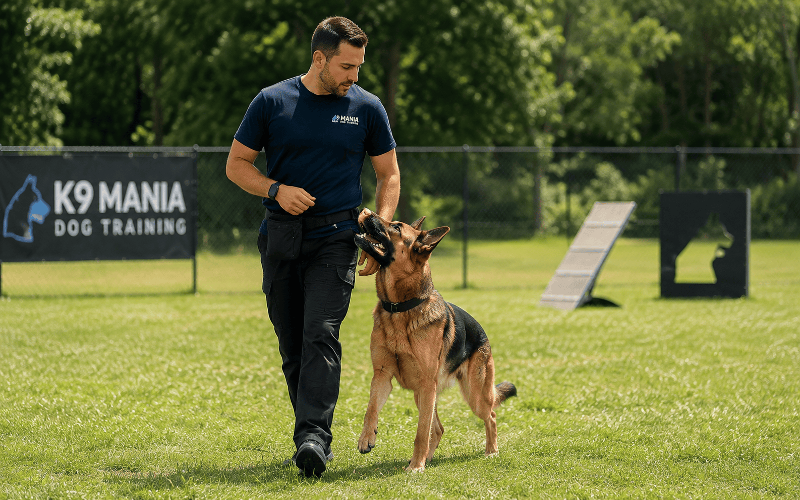 A man in a blue shirt is training his German Shepherd on a grassy field near a dog training sign.
