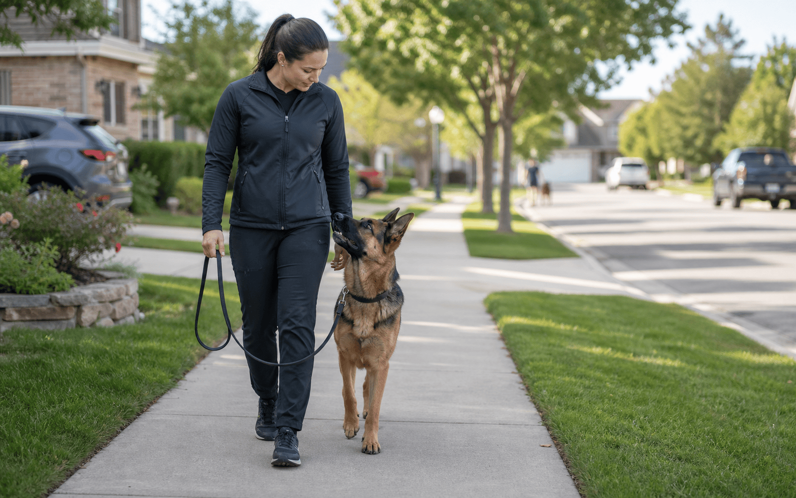 How to Train a Service Dog: Tasks, Timelines, and the Right Program for Your Dog 4 Woman walking a German Shepherd dog on a suburban sidewalk under sunny skies, with trees behind her.