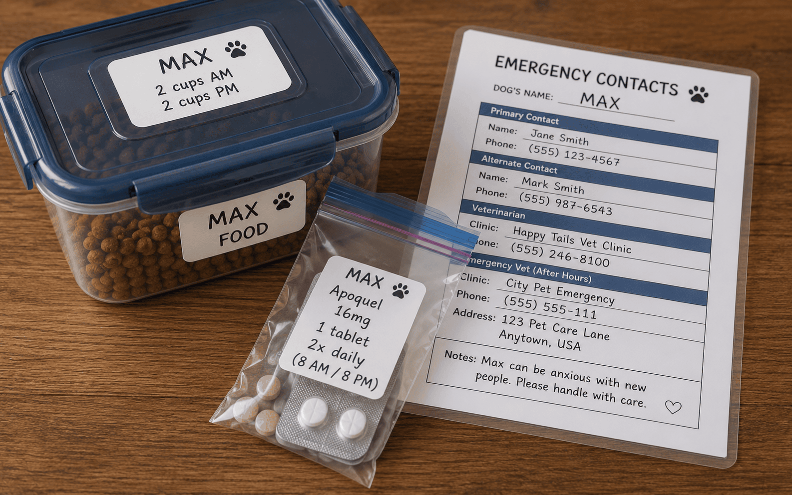 Dog food container, medication bag, and Max’s emergency contact sheet are displayed on a wooden table.