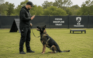 Trainer at K9 training center teaches German Shepherd to sit, holding the leash and giving a hand signal.