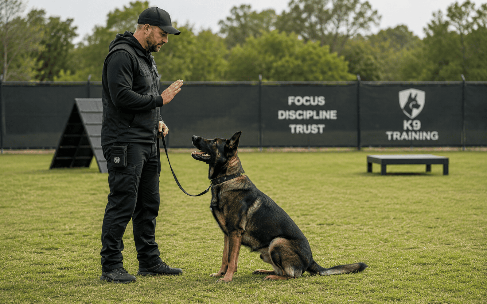 Trainer at K9 training center teaches German Shepherd to sit, holding the leash and giving a hand signal.