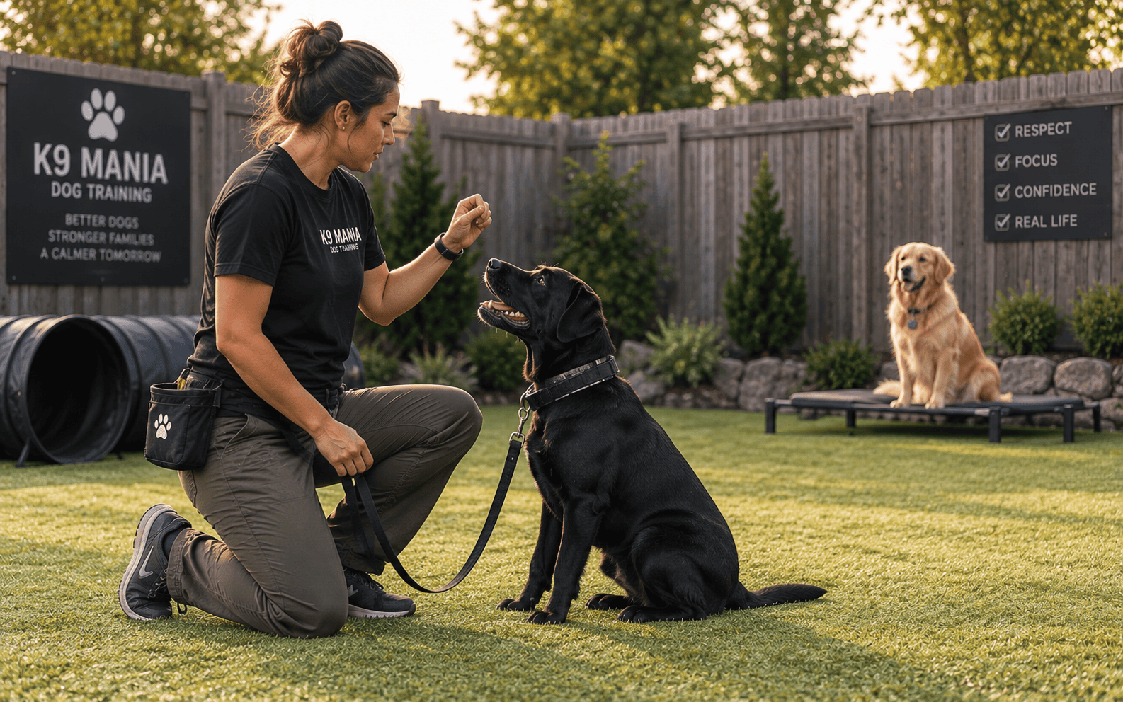 Best Dog Training for Leash Reactivity in Long Island: What Works and What to Skip 3 A woman trains a black dog to sit as a golden retriever rests on a platform in the background.