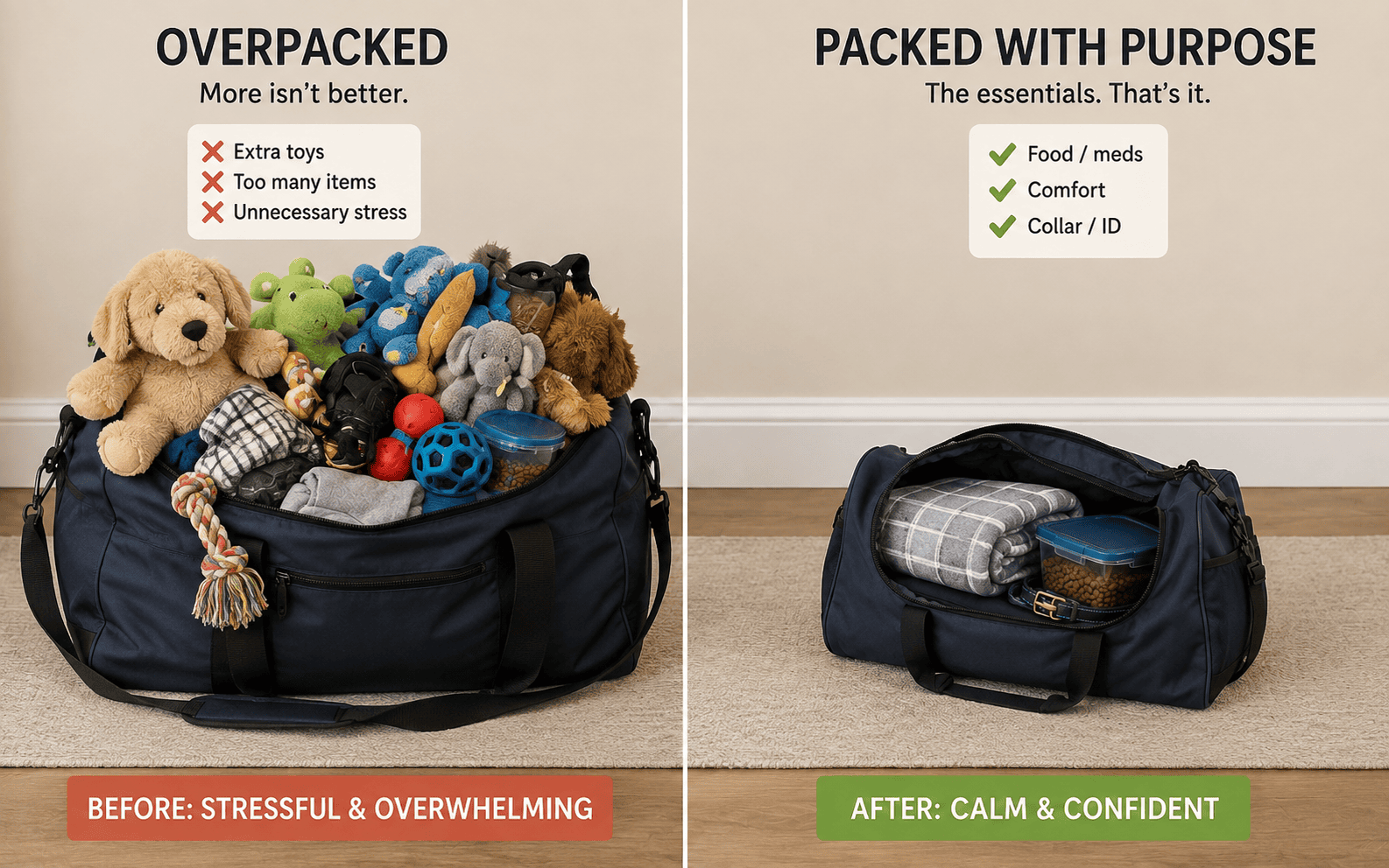 Two bags are shown: one is overflowing with toys, while the other holds neatly packed pet essentials.