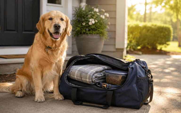What to pack for board and train.Golden retriever sits beside an open duffel bag holding a blanket and dog food outside a house.
